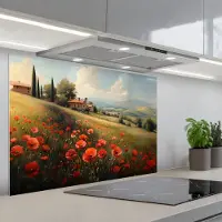 KitchenYeah Spatscherm 80x55 cm - Zelfklevende achterwand Klaprozen - Rood - Heuvels - Landschap - Keuken muurbeschermer - Spatwand fornuis