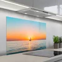 KitchenYeah Spatscherm 100x65 cm - Zelfklevende achterwand Zee - Zeilboot - Zonsondergang - Keuken muurbeschermer - Spatwand fornuis