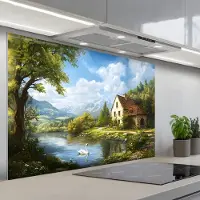 KitchenYeah Spatscherm 120x80 cm - Zelfklevende achterwand Zwaan - Bomen - Rust - Keuken muurbeschermer - Spatwand fornuis