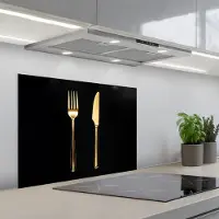 KitchenYeah Spatscherm 70x55 cm - Zelfklevende achterwand Bestek - Goud - Mes - Vork - Keuken muurbeschermer - Spatwand fornuis