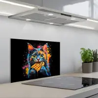 KitchenYeah Spatscherm 60x40 cm - Zelfklevende achterwand Kat - Graffiti - Kleurrijk - Wafel - Eten - Keuken muurbeschermer - Spatwand fornuis