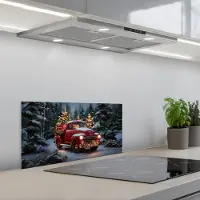 KitchenYeah Spatscherm 70x30 cm - Zelfklevende achterwand Kersttruck - Sneeuwbos - Rood - Keuken muurbeschermer - Spatwand fornuis