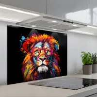 KitchenYeah Spatscherm 80x60 cm - Zelfklevende achterwand Graffiti - Leeuw - Bril - Zwart - Kleurrijk - Keuken muurbeschermer - Spatwand fornuis