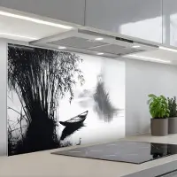 KitchenYeah Spatscherm 80x55 cm - Zelfklevende achterwand Boot - Rivier - Bamboe - Wit - Keuken muurbeschermer - Spatwand fornuis