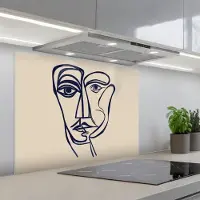 KitchenYeah Spatscherm 90x70 cm - Zelfklevende achterwand Minimalistisch - Lijnillustratie - Beige - Donkerblauw - Keuken muurbeschermer - Spatwand fornuis