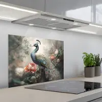 KitchenYeah Spatscherm 70x55 cm - Zelfklevende achterwand Pauw - Pauwenveren - Vogel - Jungle - Bloemen - Keuken muurbeschermer - Spatwand fornuis