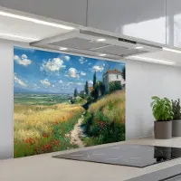 KitchenYeah Spatscherm 90x70 cm - Zelfklevende achterwand Zandpad - Huis - Bomen - Grasveld - Keuken muurbeschermer - Spatwand fornuis
