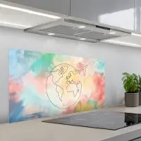 KitchenYeah Spatscherm 100x50 cm - Zelfklevende achterwand Wereldkaart - Pastel - Vliegtuig - Lijnen - Keuken muurbeschermer - Spatwand fornuis