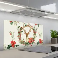 KitchenYeah Spatscherm 100x50 cm - Zelfklevende achterwand Kerstkrans - Hert - Hulst - Rood - Keuken muurbeschermer - Spatwand fornuis