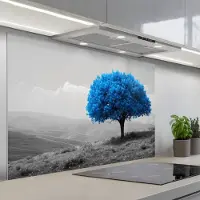 KitchenYeah Spatscherm 120x80 cm - Zelfklevende achterwand Boom - Natuur - Blauw - Zwart wit - Keuken muurbeschermer - Spatwand fornuis