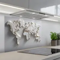 KitchenYeah Spatscherm 90x70 cm - Zelfklevende achterwand Wereldkaart - Subtiel reliëf - Wit - Keuken muurbeschermer - Spatwand fornuis