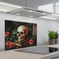 KitchenYeah Spatscherm 70x55 cm - Zelfklevende achterwand Skelet - Kaarsen - Rozen - Schedel - Boeken - Kandelaar - Keuken muurbeschermer - Spatwand fornuis