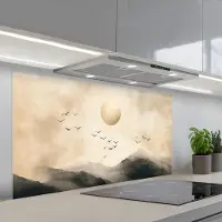 KitchenYeah Spatscherm 120x60 cm - Zelfklevende achterwand Landschap - Japandi - vogel - Keuken muurbeschermer - Spatwand fornuis