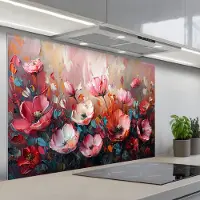 KitchenYeah Spatscherm 120x80 cm - Zelfklevende achterwand Klaprozen - Roze - Bloemen - Botanisch - Kunst - Keuken muurbeschermer - Spatwand fornuis