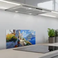 KitchenYeah Spatscherm 70x30 cm - Zelfklevende achterwand Trap - Huizen - Berglandschap - Zee - Keuken muurbeschermer - Spatwand fornuis