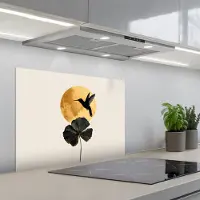 KitchenYeah Spatscherm 70x55 cm - Zelfklevende achterwand Zwarte kolibrie - Bloem - Gouden cirkel - Keuken muurbeschermer - Spatwand fornuis