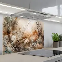 KitchenYeah Spatscherm 80x55 cm - Zelfklevende achterwand Abstract - Beige - Verf - Kunst - Natuur - Bloemen - Keuken muurbeschermer - Spatwand fornuis