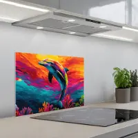 KitchenYeah Spatscherm 60x45 cm - Zelfklevende achterwand Dolfijn - Kleurrijk - Oceaan - Koraal - Keuken muurbeschermer - Spatwand fornuis