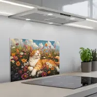 KitchenYeah Spatscherm 60x40 cm - Zelfklevende achterwand Kat - Bloemen - Ontspannen - Keuken muurbeschermer - Spatwand fornuis