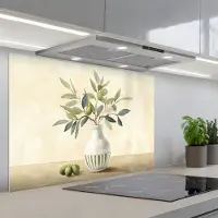 KitchenYeah Spatscherm 90x60 cm - Zelfklevende achterwand Vaas - Keramiek - Olijftakken - Keuken muurbeschermer - Spatwand fornuis