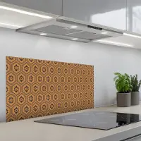 KitchenYeah Spatscherm 80x40 cm - Zelfklevende achterwand Okergeel - Patroon - Bloem - Donkerblauw - Keuken muurbeschermer - Spatwand fornuis