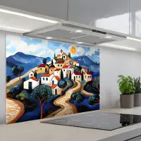 KitchenYeah Spatscherm 80x55 cm - Zelfklevende achterwand Dorp - Heuvelachtig - Zon - Mozaïek - Keuken muurbeschermer - Spatwand fornuis
