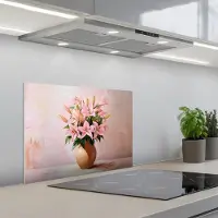 KitchenYeah Spatscherm 60x45 cm - Zelfklevende achterwand Vaas - Bloemen - Roze - Keuken muurbeschermer - Spatwand fornuis