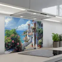 KitchenYeah Spatscherm 80x60 cm - Zelfklevende achterwand Huizen - Zee - Bomen - Bloemen - Keuken muurbeschermer - Spatwand fornuis