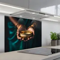 KitchenYeah Spatscherm 90x70 cm - Zelfklevende achterwand Goud - Kom - Blauw - Keuken muurbeschermer - Spatwand fornuis