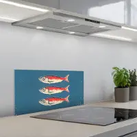 KitchenYeah Spatscherm 60x30 cm - Zelfklevende achterwand Vissen - Rood - Blauw - Keuken muurbeschermer - Spatwand fornuis