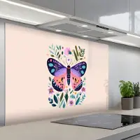 KitchenYeah Spatscherm 120x80 cm - Zelfklevende achterwand Bloemen - Bladeren - Vlinder - Kleurrijk - Keuken muurbeschermer - Spatwand fornuis