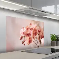 KitchenYeah Spatscherm 100x65 cm - Zelfklevende achterwand Orchidee - Bloemen - Roze - Bloemblaadjes - Keuken muurbeschermer - Spatwand fornuis