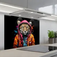 KitchenYeah Spatscherm 80x60 cm - Zelfklevende achterwand Graffiti - Luipaard - Zwart - Jas - Keuken muurbeschermer - Spatwand fornuis
