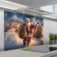 KitchenYeah Spatscherm 100x75 cm - Zelfklevende achterwand Kerstman - Dorp - Hert - Donker - Keuken muurbeschermer - Spatwand fornuis
