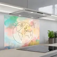 KitchenYeah Spatscherm 90x70 cm - Zelfklevende achterwand Wereldkaart - Pastel - Vliegtuig - Lijnen - Keuken muurbeschermer - Spatwand fornuis