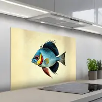 KitchenYeah Spatscherm 100x65 cm - Zelfklevende achterwand Blauw - Kieuwen - Vis - Illustratie - Keuken muurbeschermer - Spatwand fornuis
