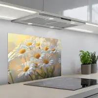 KitchenYeah Spatscherm 70x50 cm - Zelfklevende achterwand Madeliefjes - Wit - Zonlicht - Keuken muurbeschermer - Spatwand fornuis