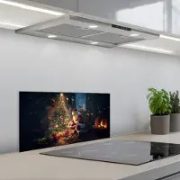 KitchenYeah Spatscherm 60x30 cm - Zelfklevende achterwand Kerstman - Haard - Donker - Keuken muurbeschermer - Spatwand fornuis