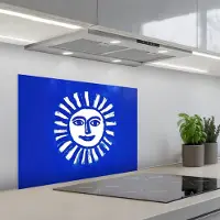 KitchenYeah Spatscherm 70x55 cm - Zelfklevende achterwand Zon - Gezicht - Penseelstructuur - Blauw - Keuken muurbeschermer - Spatwand fornuis