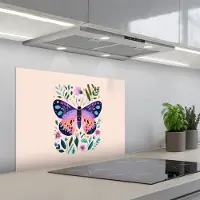 KitchenYeah Spatscherm 70x55 cm - Zelfklevende achterwand Bloemen - Bladeren - Vlinder - Kleurrijk - Keuken muurbeschermer - Spatwand fornuis