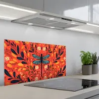 KitchenYeah Spatscherm 80x40 cm - Zelfklevende achterwand Libel - Blauw - Vleugels - Bladeren - Keuken muurbeschermer - Spatwand fornuis