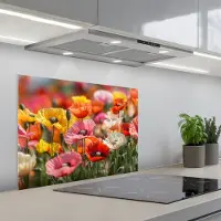 KitchenYeah Spatscherm 70x55 cm - Zelfklevende achterwand Bloemenveld - Klaprozen - Kleurrijk - Keuken muurbeschermer - Spatwand fornuis