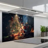 KitchenYeah Spatscherm 90x60 cm - Zelfklevende achterwand Kerstman - Haard - Donker - Keuken muurbeschermer - Spatwand fornuis