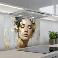 KitchenYeah Spatscherm 80x60 cm - Zelfklevende achterwand Sierlijk - Vrouw - Goud - Ogen - Keuken muurbeschermer - Spatwand fornuis