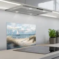 KitchenYeah Spatscherm 60x45 cm - Zelfklevende achterwand Zee - Zeilboot - Strand - Duinen - Vintage - Keuken muurbeschermer - Spatwand fornuis