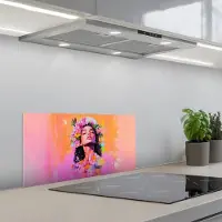 KitchenYeah Spatscherm 70x30 cm - Zelfklevende achterwand Portret - Bloemenkroon - Vrouw - Keuken muurbeschermer - Spatwand fornuis