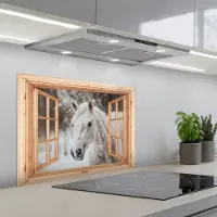 KitchenYeah Spatscherm 70x55 cm - Zelfklevende achterwand Doorkijk - Paard - Wit - Winter - Sneeuw - Dieren - Keuken muurbeschermer - Spatwand fornuis