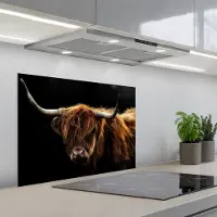 KitchenYeah Spatscherm 70x50 cm - Zelfklevende achterwand Schotse Hooglander - Horens - Zwart - Dieren - Natuur - Wild - Koe - Keuken muurbeschermer - Spatwand fornuis