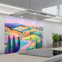KitchenYeah Spatscherm 80x60 cm - Zelfklevende achterwand Landschap - Paars - Pastel - Huizen - Keuken muurbeschermer - Spatwand fornuis