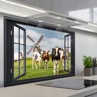 KitchenYeah Spatscherm 120x80 cm - Zelfklevende achterwand Doorkijk - Koe - Molen - Koeien - Weiland - Gras - Groen - Keuken muurbeschermer - Spatwand fornuis